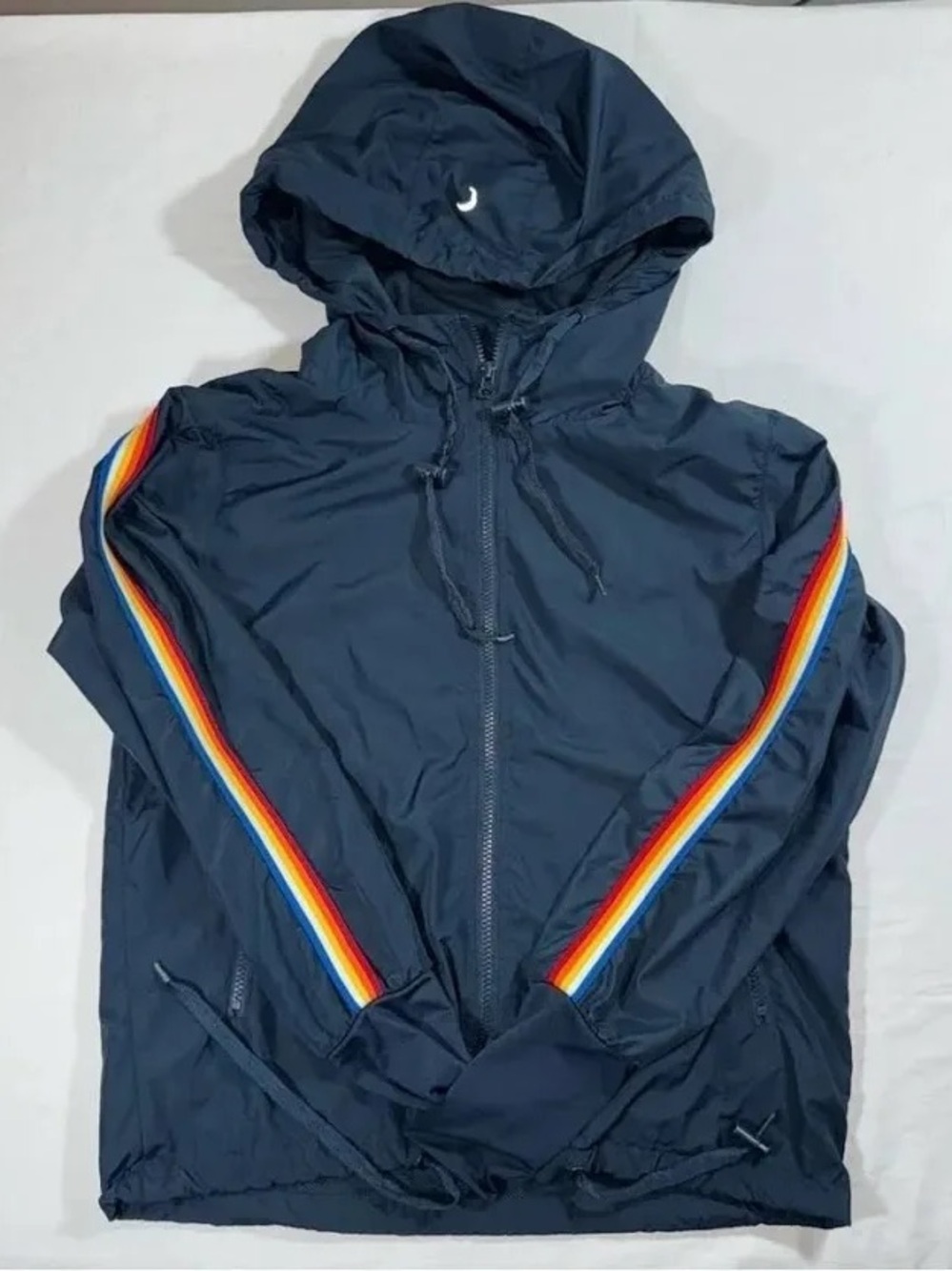 Zyia Active Womens Navy Blue Rainbow Stripe Windbreaker Jacket Thumbholes ZA1600